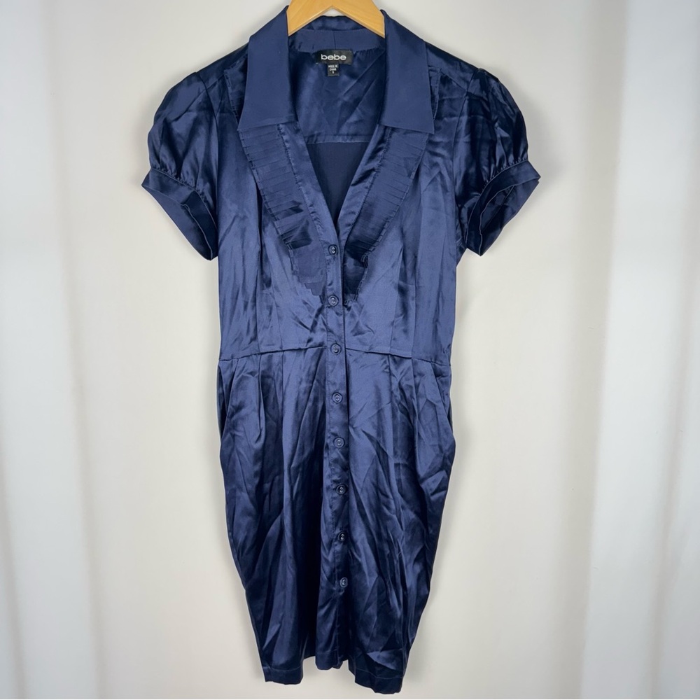 Bebe Silk Navy Puff Sleeve Button-Up Dress